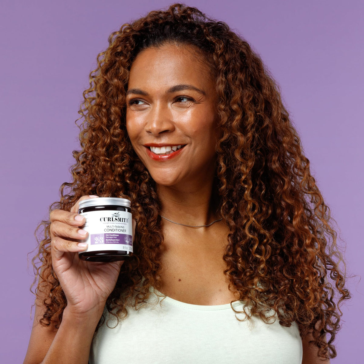 CURLSMITH product label with vegan and cruelty-free seals highlighting ethical sourcing