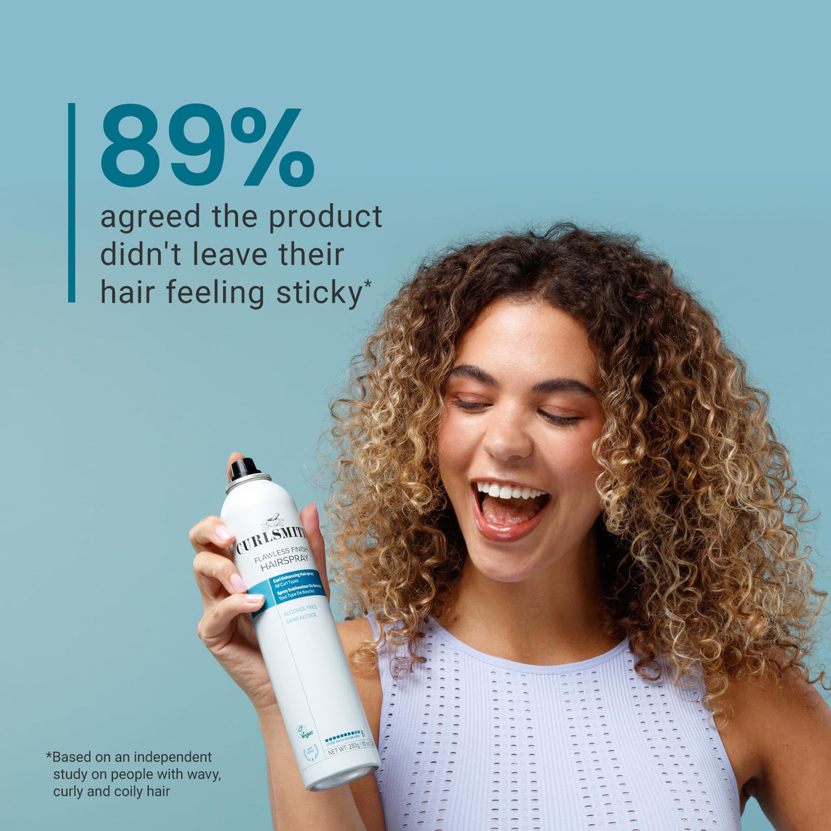 CURLSMITH label close-up highlighting vegan and alcohol-free benefits