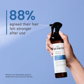 CURLSMITH Miracle Shield label highlighting vegan and cruelty-free certifications
