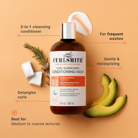 CURLSMITH pump and label close-up highlighting product name and benefits