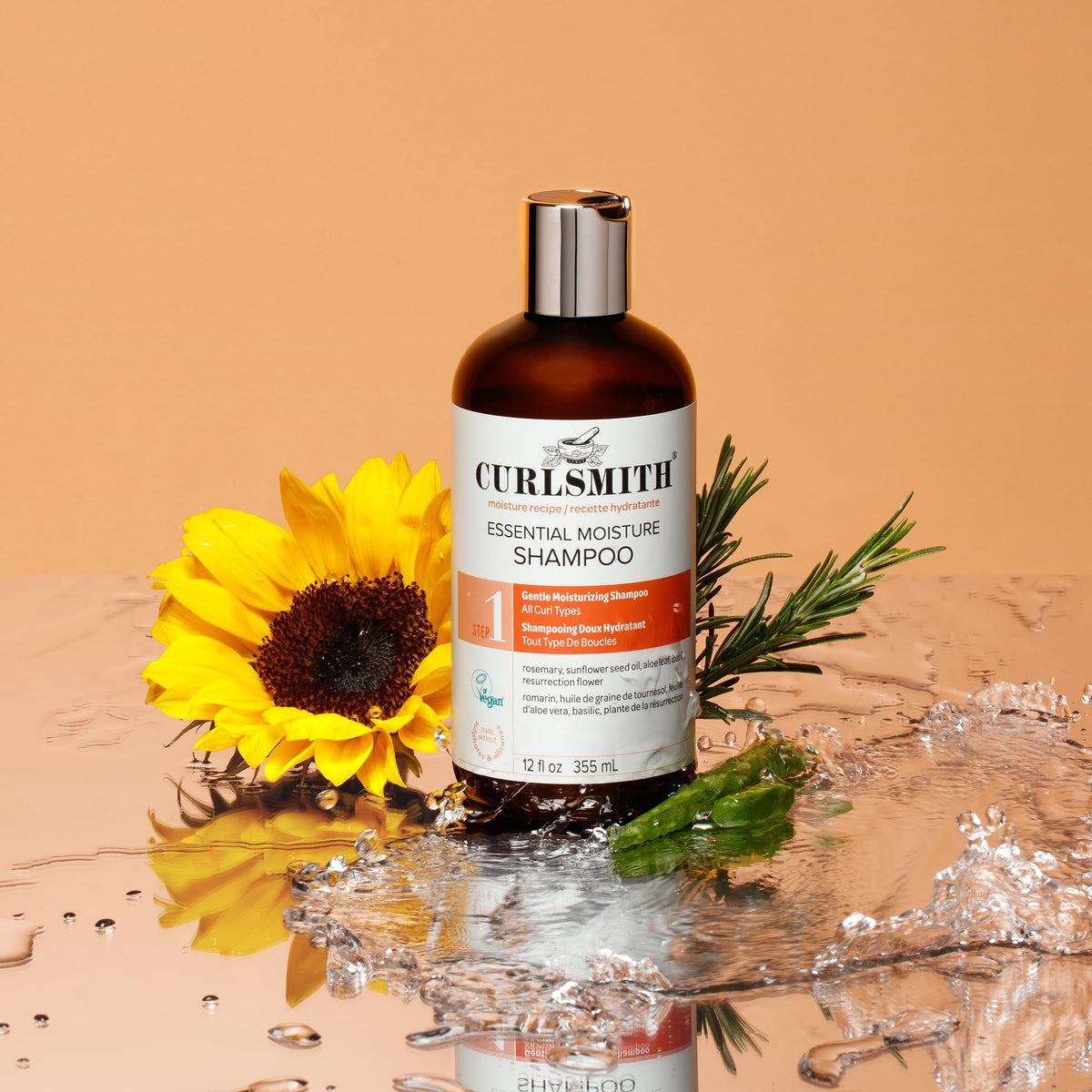 CURLSMITH shampoo and conditioner in bathroom lifestyle promoting complete system