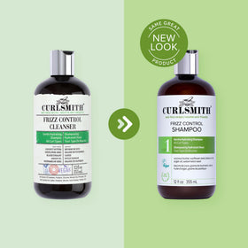 CURLSMITH shampoo bottle in hand to show size and easy dispensing benefit