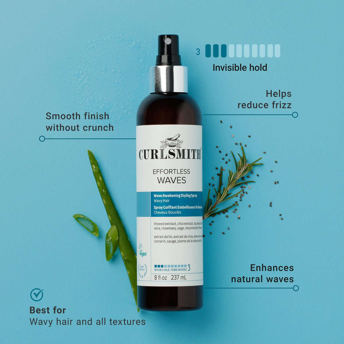 CURLSMITH spray mist close-up demonstrating fine even distribution for natural waves