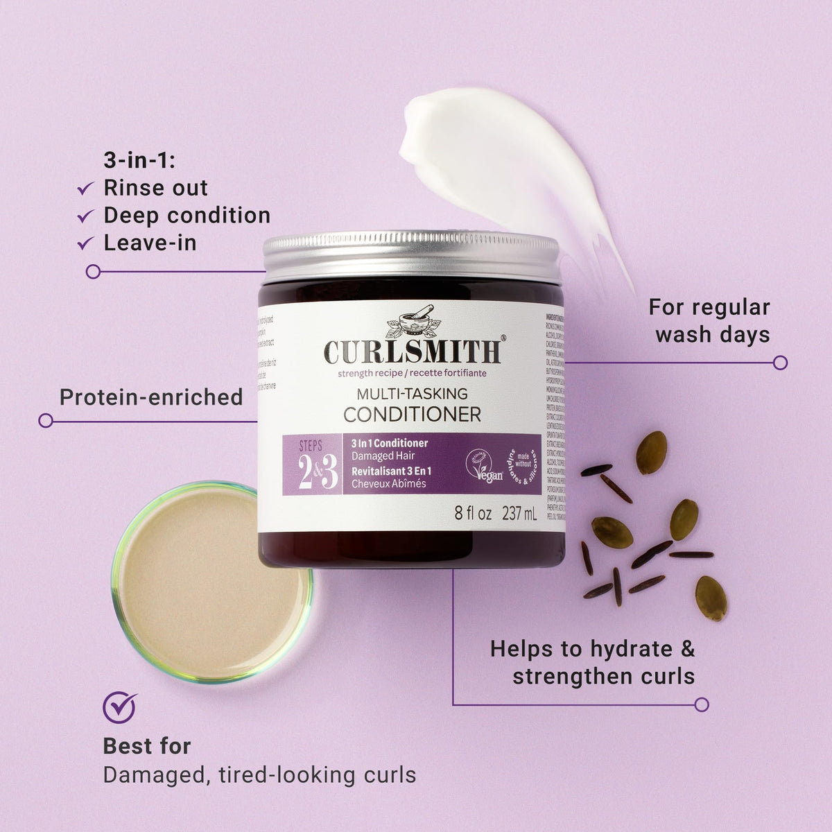 CURLSMITH creamy conditioner texture close-up showing slip for detangling