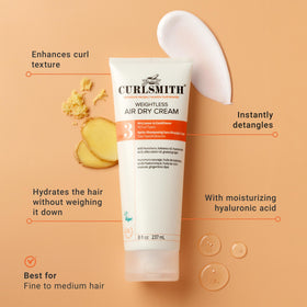 CURLSMITH pump and label detail highlighting size and easy dispensing benefit
