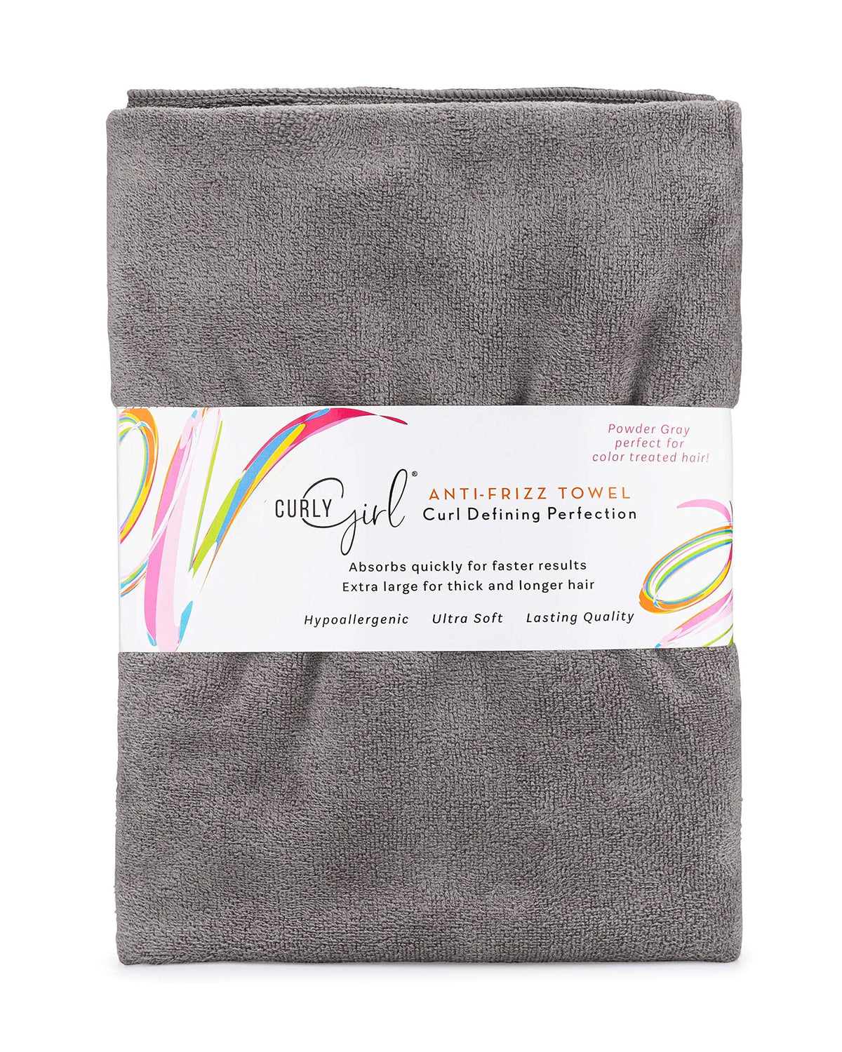 Curly Girl front-folded towel showing compact, absorbent design and quick-dry benefit