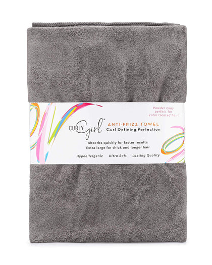 Curly Girl front-folded towel showing compact, absorbent design and quick-dry benefit