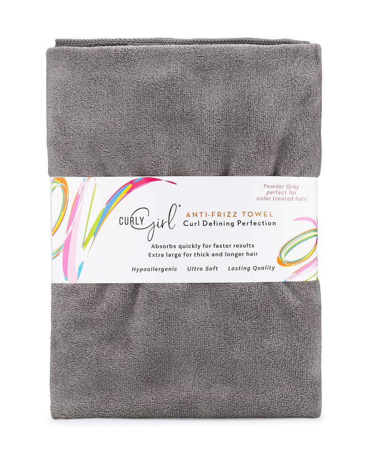 Curly Girl front-folded towel showing compact, absorbent design and quick-dry benefit