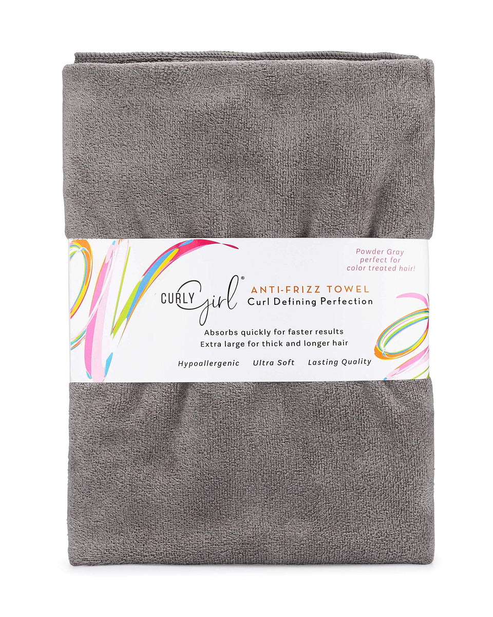 Curly Girl front-folded towel showing compact, absorbent design and quick-dry benefit