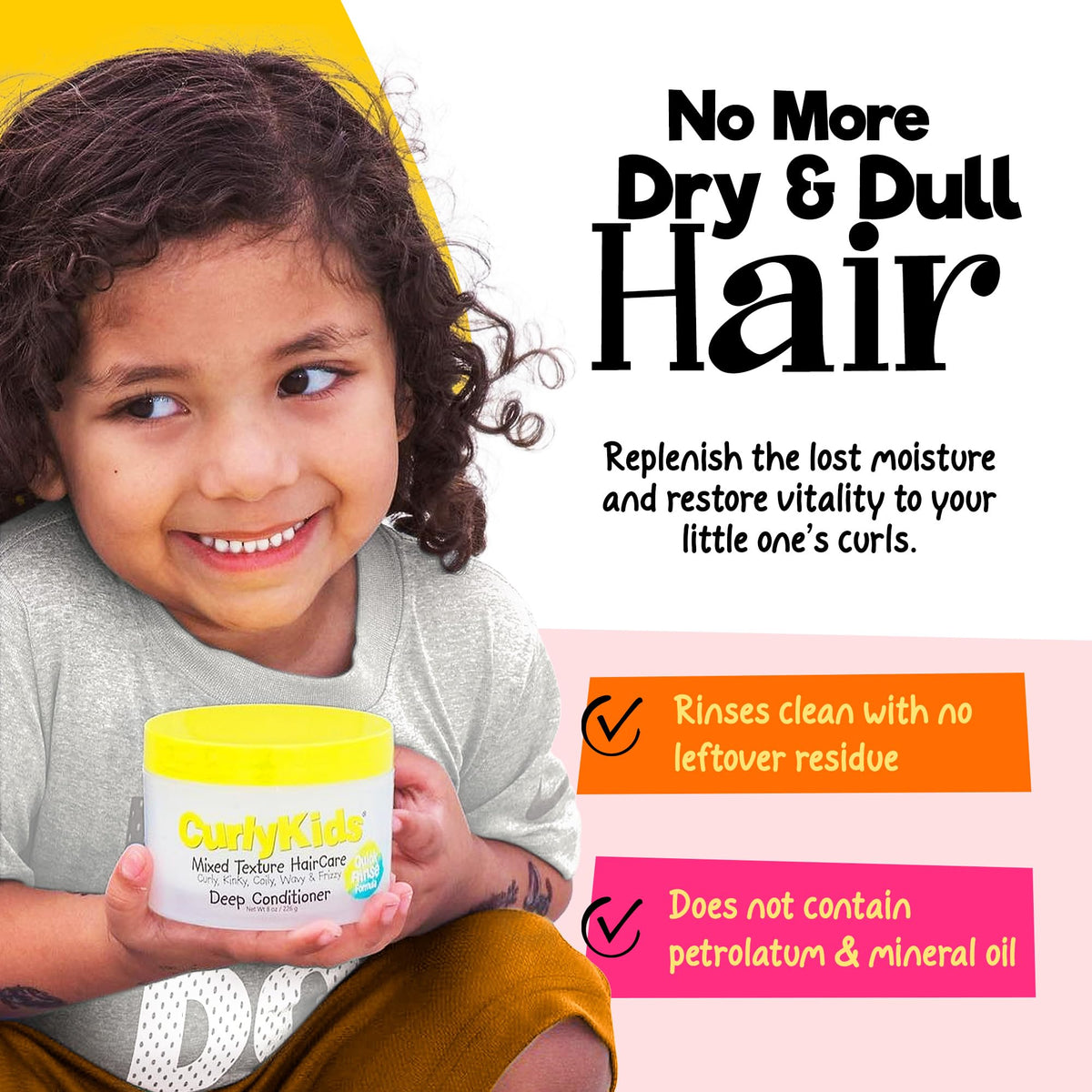 CurlyKids before and after on child hair showing softer, defined curls