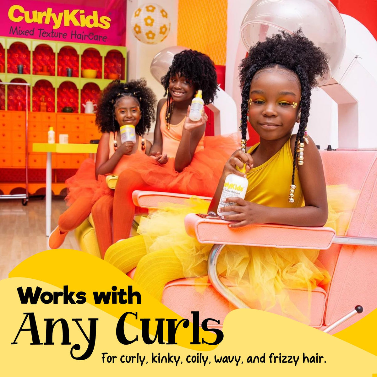 CurlyKids before and after comparison showing reduced frizz and defined curls