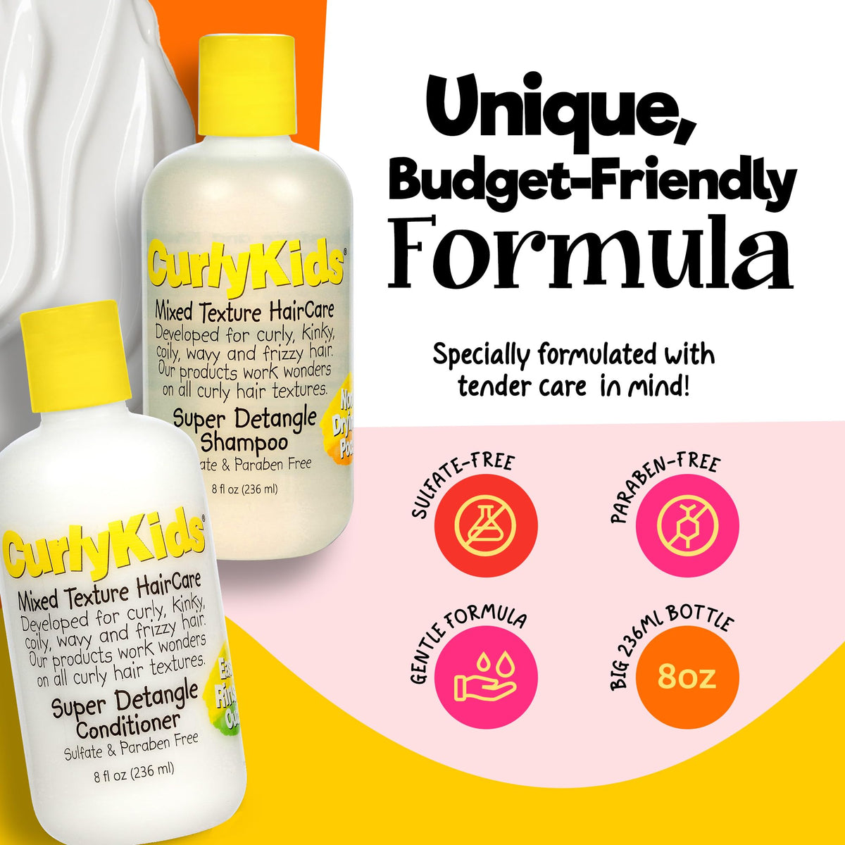 CurlyKids conditioner bottle close-up showing rich formula that smooths and detangles