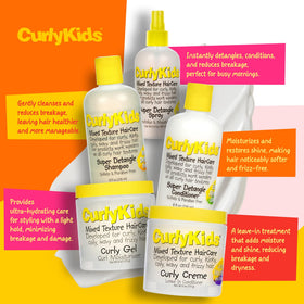 CurlyKids detangle spray bottle close-up demonstrating instant slip benefit