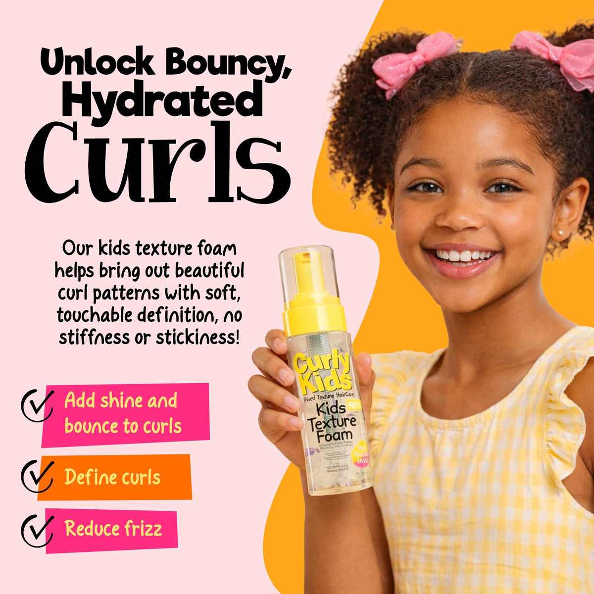 CurlyKids foam texture on palm demonstrating lightweight, airy mousse benefit