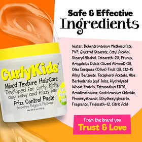 CurlyKids ingredient label close-up highlighting paraben and petrolatum free