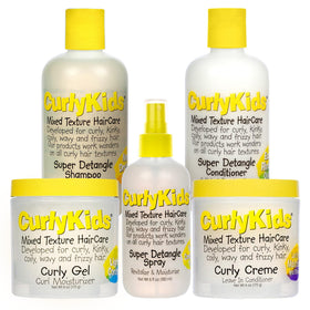 CurlyKids front bundle display showing all products and easy routine benefits