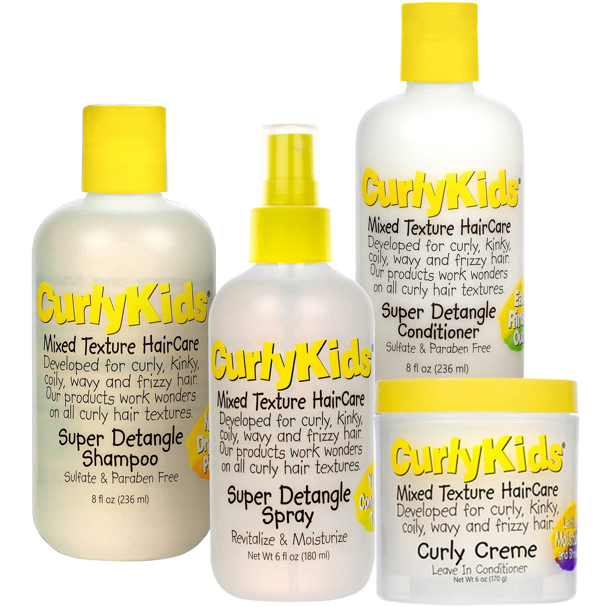 CurlyKids front packaging showing full four-piece set and easy routine benefit