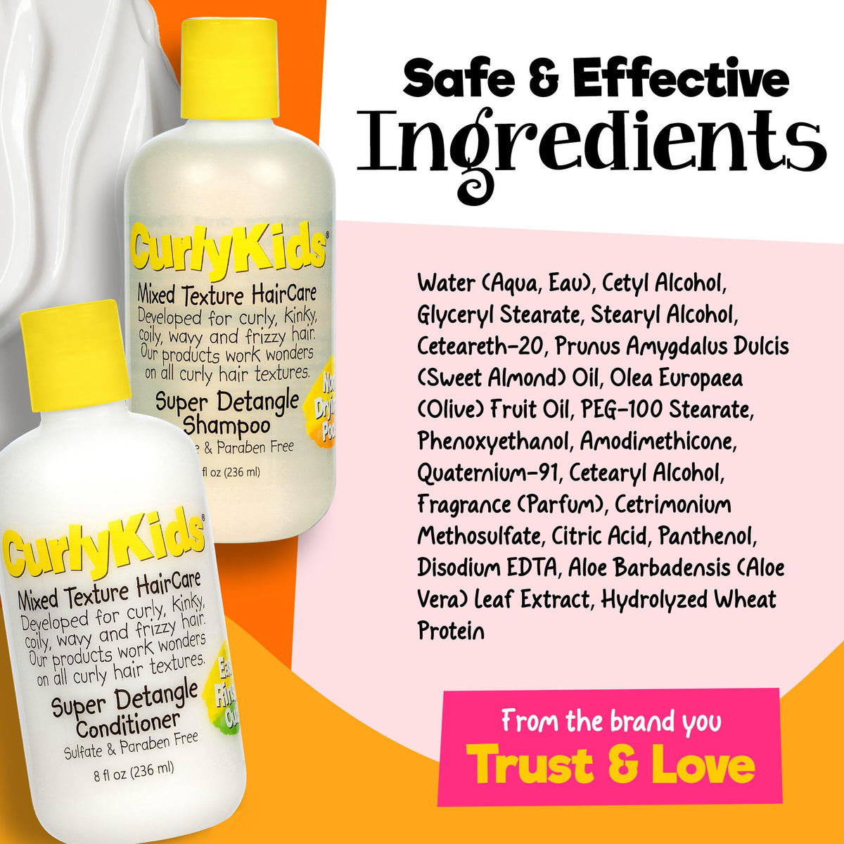 CurlyKids ingredient highlight label focusing on key hydrating components and gentle actives