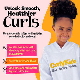 CurlyKids conditioner texture pouring, showing silky slip for easier detangling