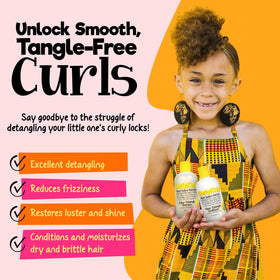 CurlyKids shampoo bottle close-up highlighting gentle formula and slip for easier combing