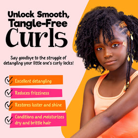 CurlyKids shampoo bottle detail emphasizing gentle formula and softer curls