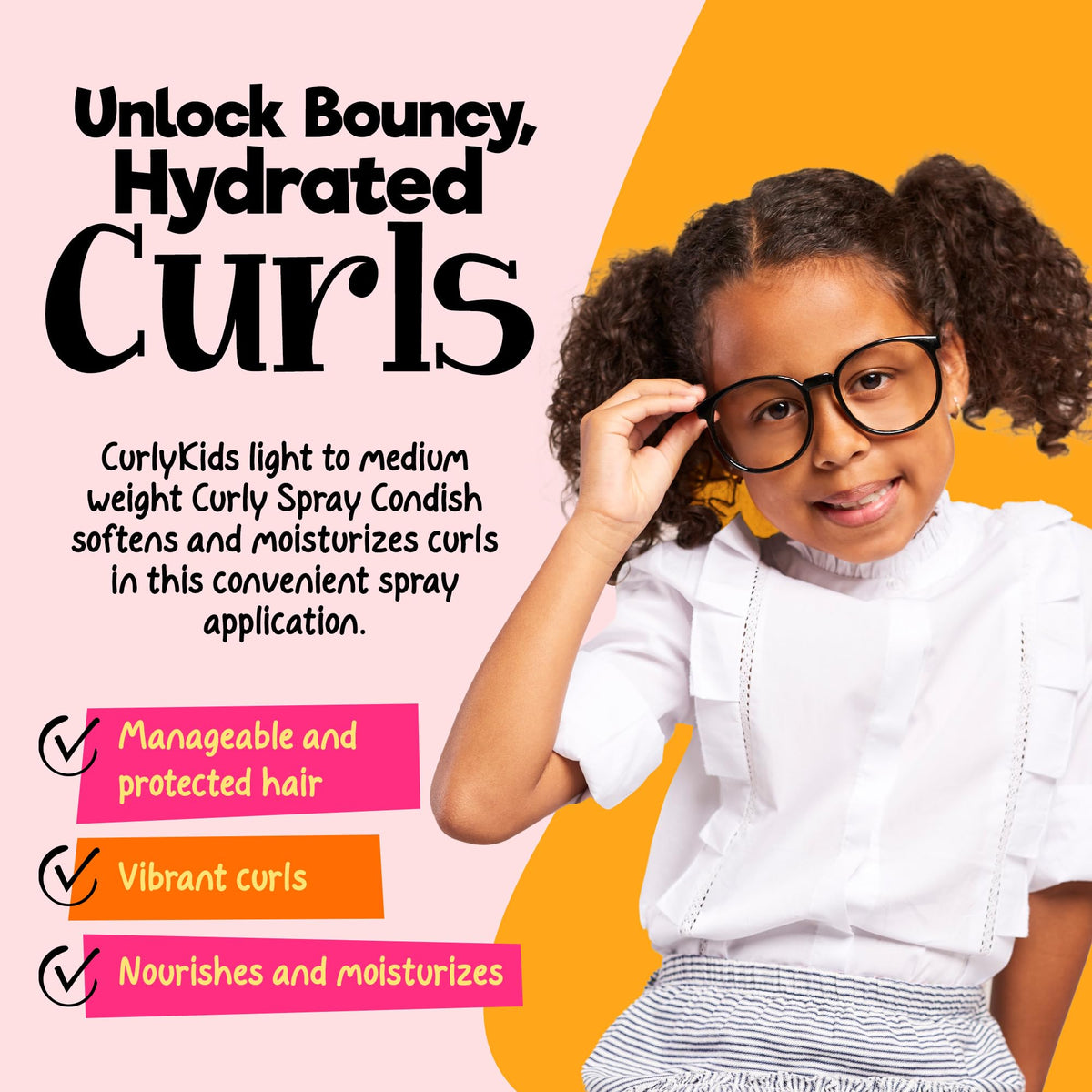 CurlyKids spray nozzle dispensing mist for quick hydration and tangle-free styling