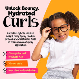 CurlyKids spray nozzle dispensing mist for quick hydration and tangle-free styling