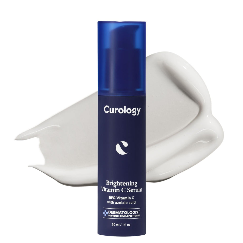 Curology bottle front view showing label and brightening serum benefits