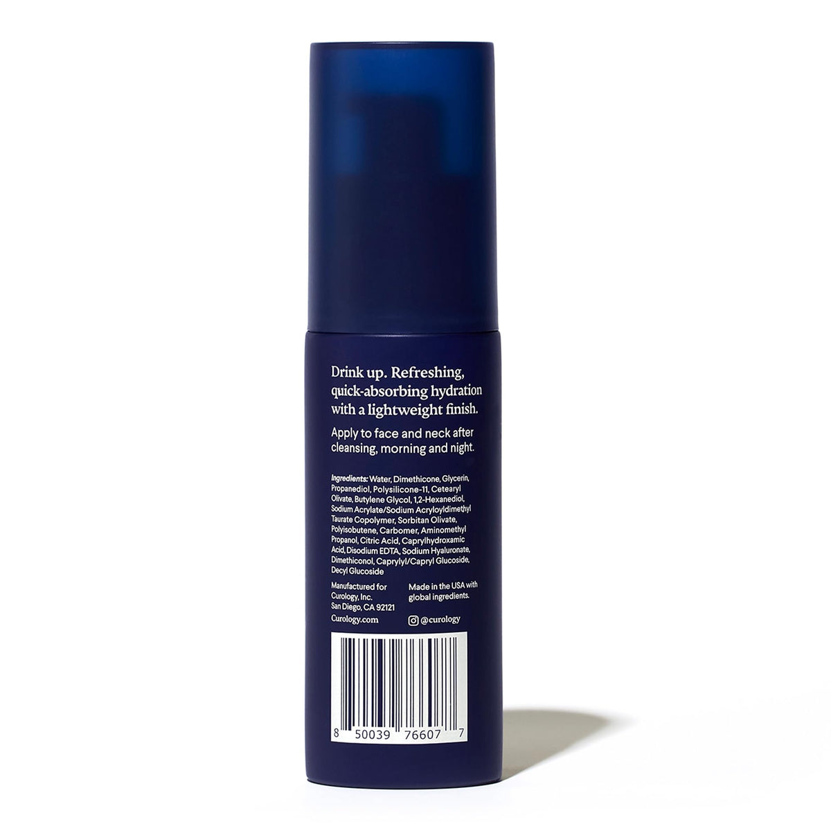 Curology ingredient label close-up showing hyaluronic acid and clean formulation benefits
