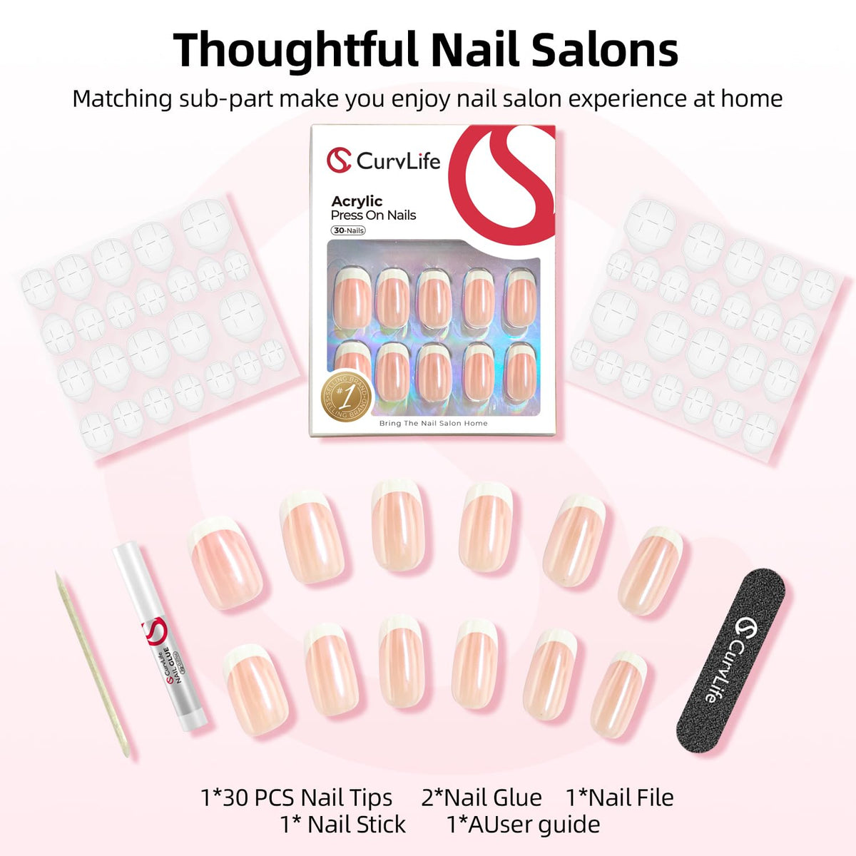 CurvLife kit layout with glue tabs and tools for easy at-home application