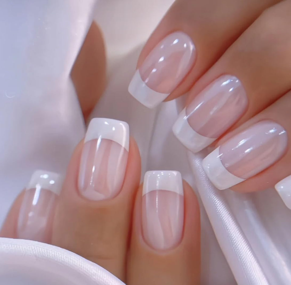 CurvLife apricot short square nails front view shows glossy finish and easy application