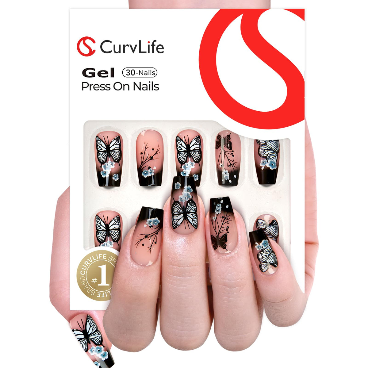 CurvLife close-up of apricot nude nails with black butterfly for refined style
