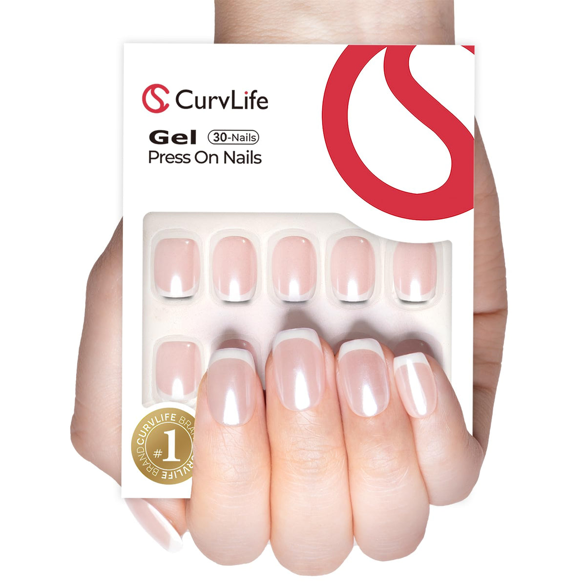 Curvlife close-up of pearl French tip texture highlighting handcrafted gel finish and shine benefit