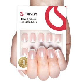 Curvlife close-up of pearl French tip texture highlighting handcrafted gel finish and shine benefit