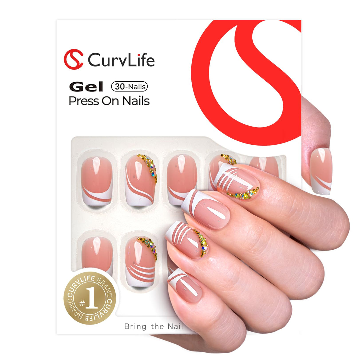 CurvLife close-up of white rhinestones highlighting sparkle and refined tip detailing