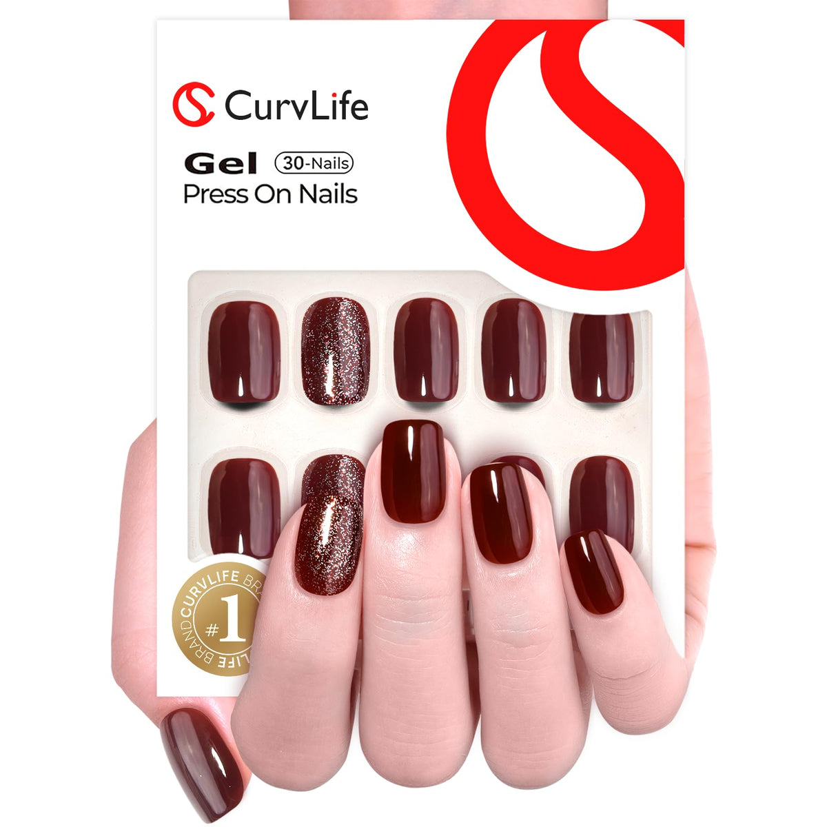 CurvLife close-up of wine-red glitter detail highlighting durable gel-polish finish