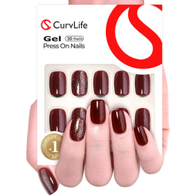 CurvLife close-up of wine-red glitter detail highlighting durable gel-polish finish