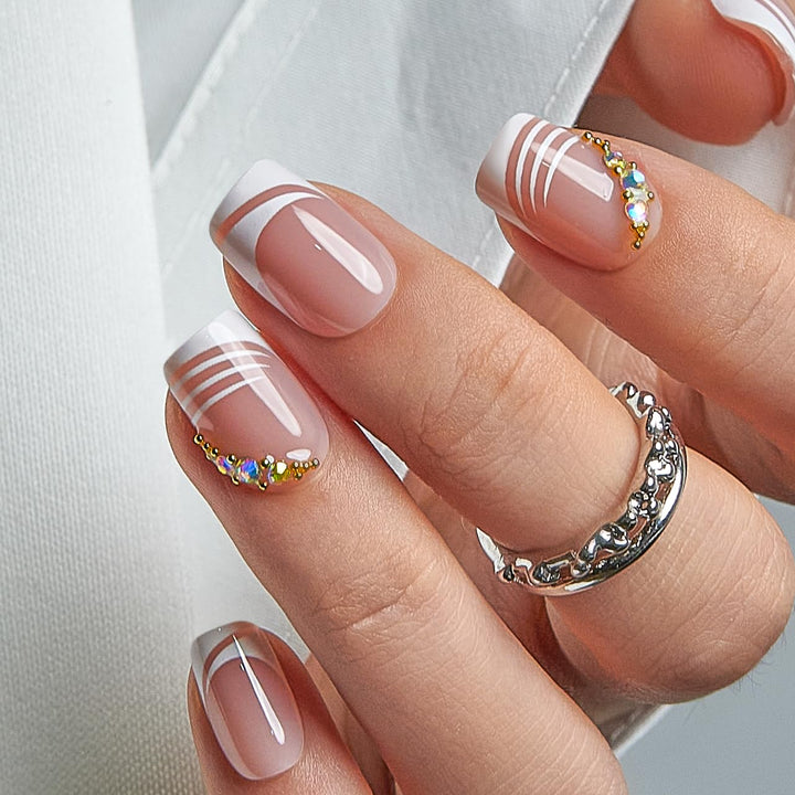 CurvLife front packaging showing apricot nude gloss and French rhinestones for instant polish