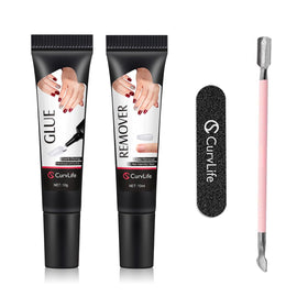 CurvLife front packaging bundle showing glue and remover for fast application benefit