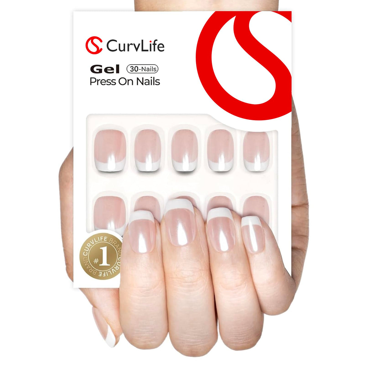 CurvLife front packaging showing glossy French tip short gel nails for quick salon look