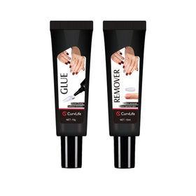 CurvLife front kit packaging showing glue and remover, clear compact set benefit