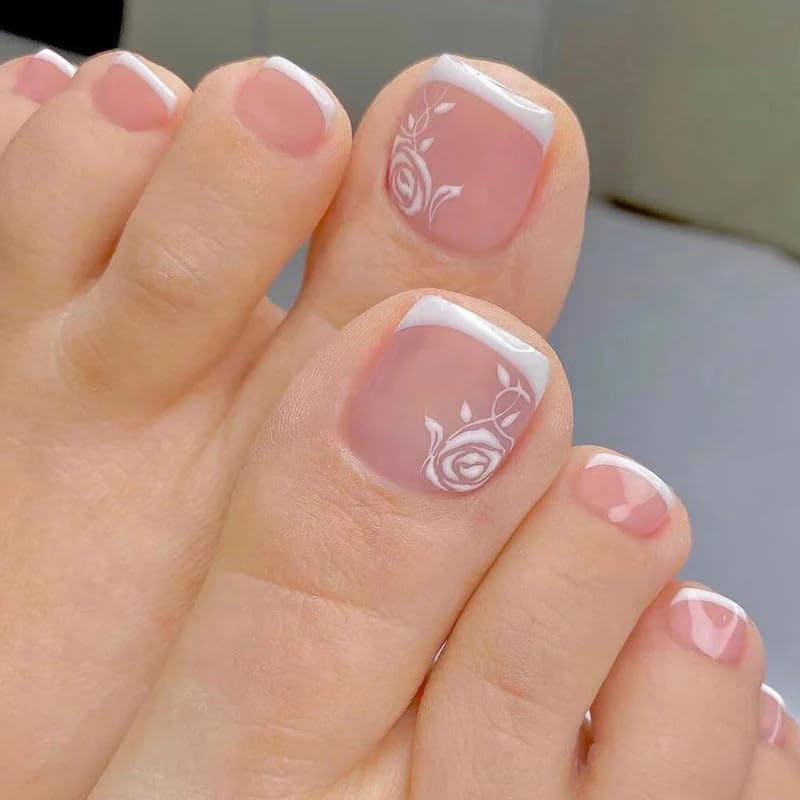CurvLife front packaging showing 24 glossy white French press-on toenails and included tools for quick pedicures