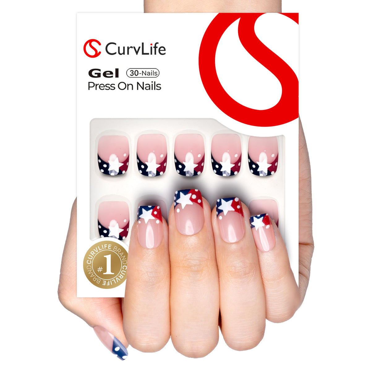 Curvlife front packaging showing short square French tip nails and kit benefits