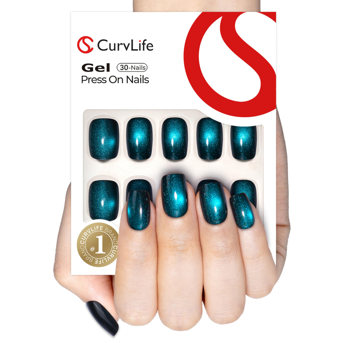 CurvLife front packaging showing full 30-piece press-on nail kit and accessories