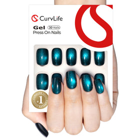 CurvLife front packaging showing full 30-piece press-on nail kit and accessories