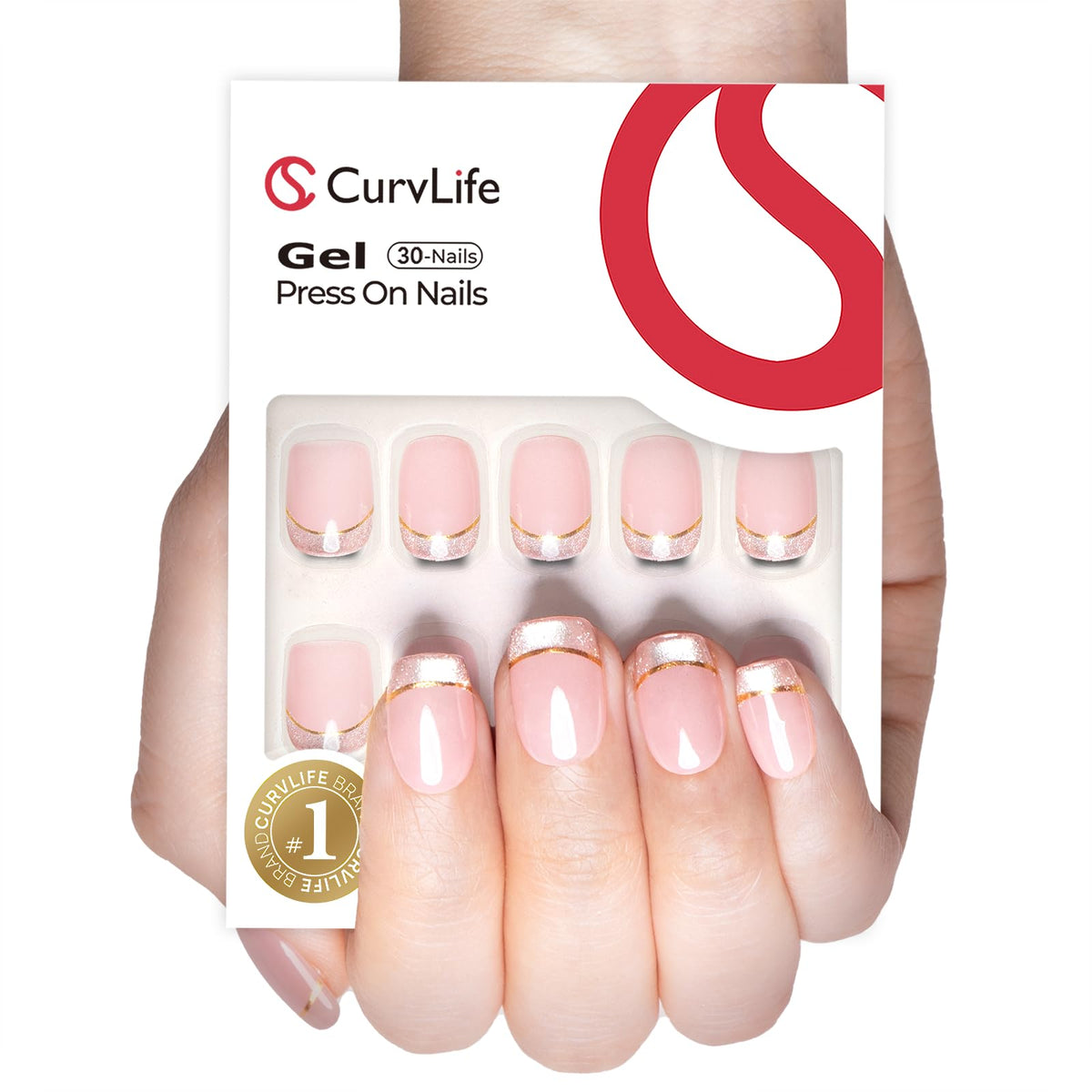 CurvLife front packaging showing glossy French press-on nails and kit benefits