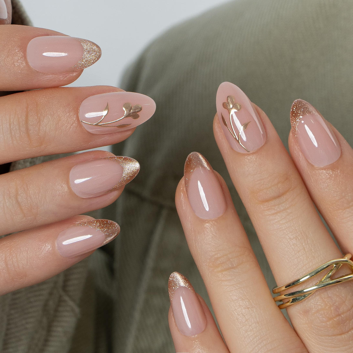 CurvLife front view of Gilded Grace press on nails showing polished almond shape and instant glam