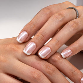Curvlife hand model wearing short square press-on nails showing natural fit and comfortable benefit