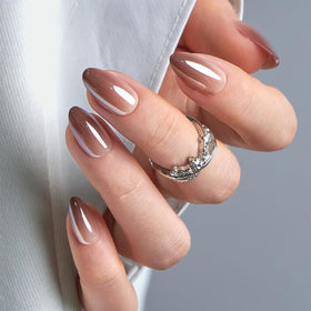 CurvLife mocha chrome front packaging shows polished almond nails and benefits