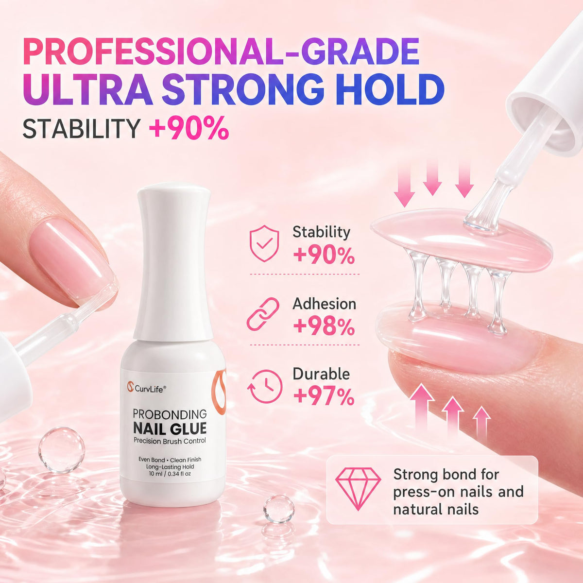 CurvLife glue being brushed onto a press-on nail to demonstrate controlled application